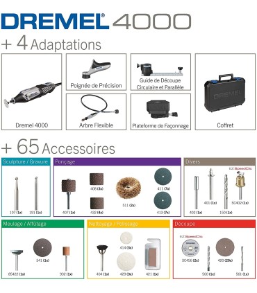 Dremel 4000 Outil Rotatif Multifonction 175W (Livré avec 4 Adaptations 65 Accessoires, Vitesse 5000-35000 tr/min)